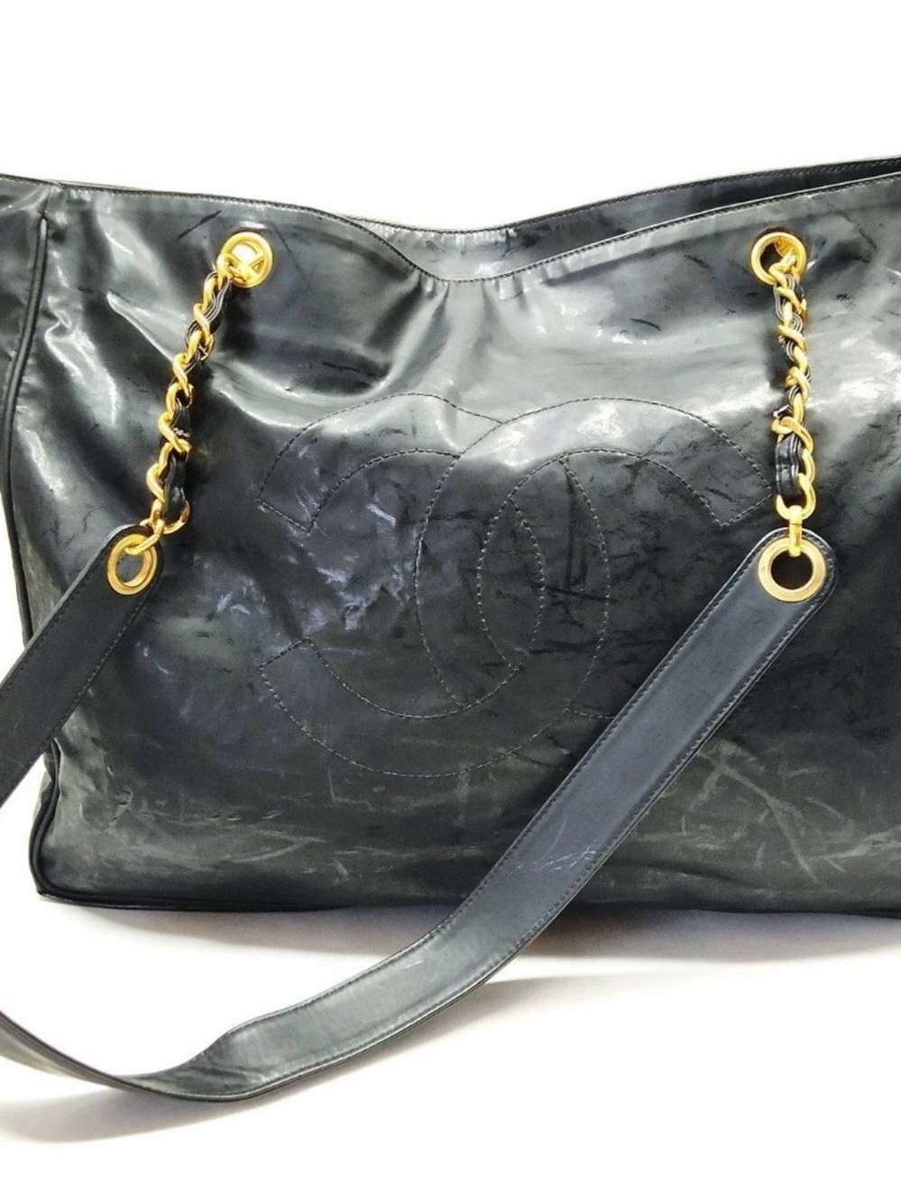 CHANEL Black Leather Tote with Gold Chain-Detail Straps